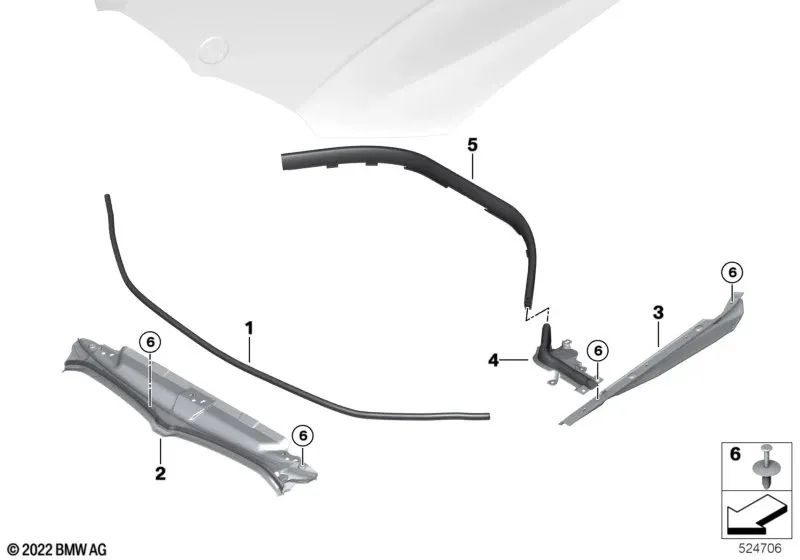 Junta frontal de capó delantera para BMW G20, G20N, G21, G21N, G28, G28N, G80, G81, G22, G23, G26, G82, G83 (OEM 51767419379). Original BMW.