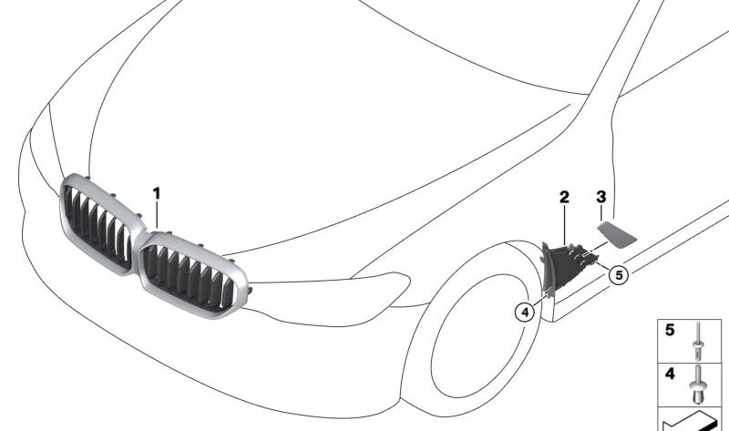 Dekorativer Frontgrill für BMW 5er G30N (OEM 51125A0DFB4). Original BMW