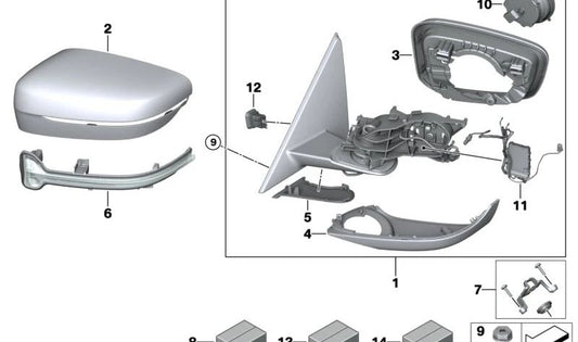 Left exterior mirror without heated glass OEM 51165A3DD87 for BMW G42. Original BMW.