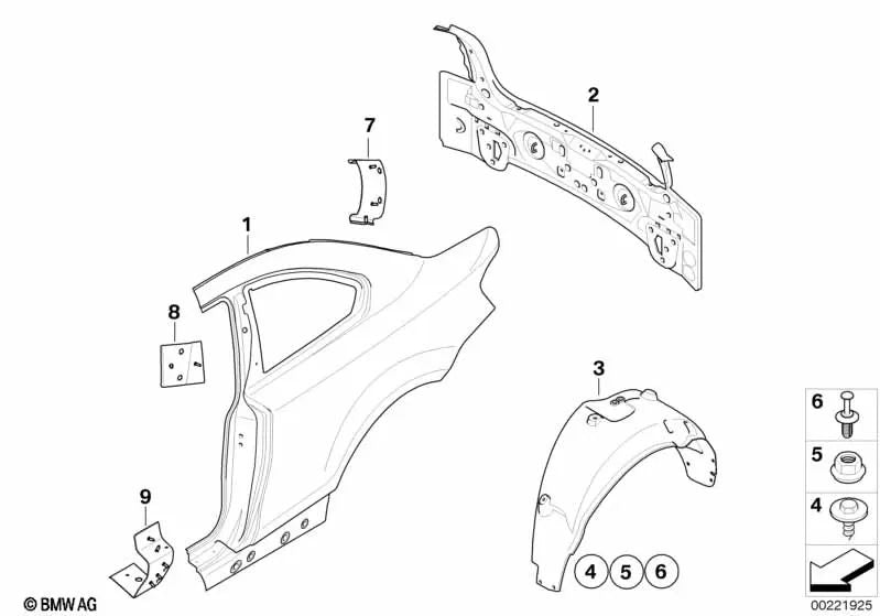 Cubierta del paso de rueda trasero izquierdo para BMW E82, E88 (OEM 51717166249). Original BMW.