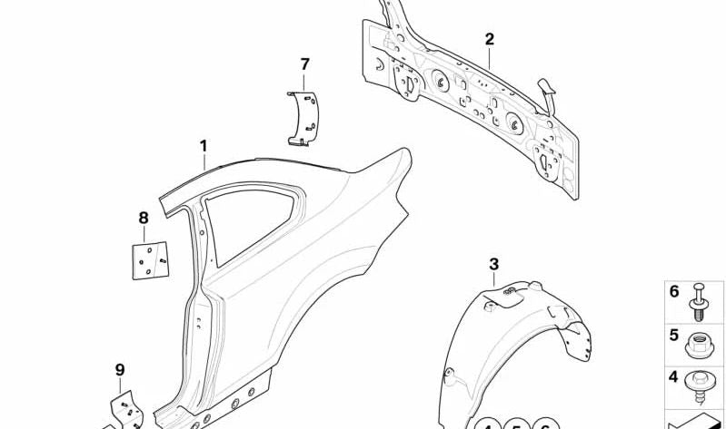 Cubierta del paso de rueda trasero derecho para BMW E82, E88 (OEM 51717166250). Original BMW