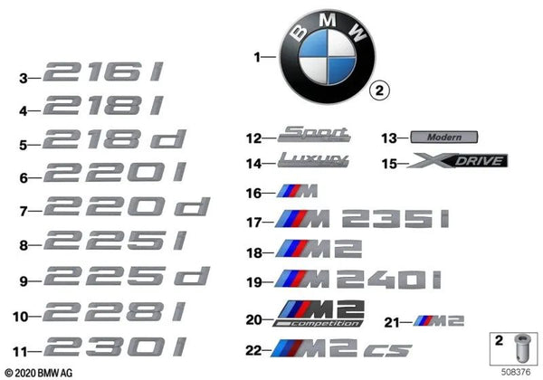 Emblema trasero pegado para BMW Serie 2 F22, F22N, F23, F23N (OEM 51147423376). Original BMW.