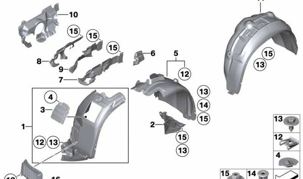 Protector diésel delantero derecho OEM 51717131712 para BMW E81, E82, E87, E88, E90, E91, E92, E93, E84. Original BMW.