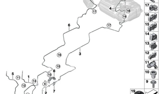 Tubo de alimentación de combustible trasero para BMW X5 G05, G09 XM (OEM 16125A1ED79). Original BMW.