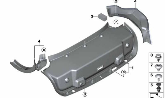 Rear right tailgate hinge trim for BMW 8 Series F92, G15 (OEM 51497417244). Original BMW