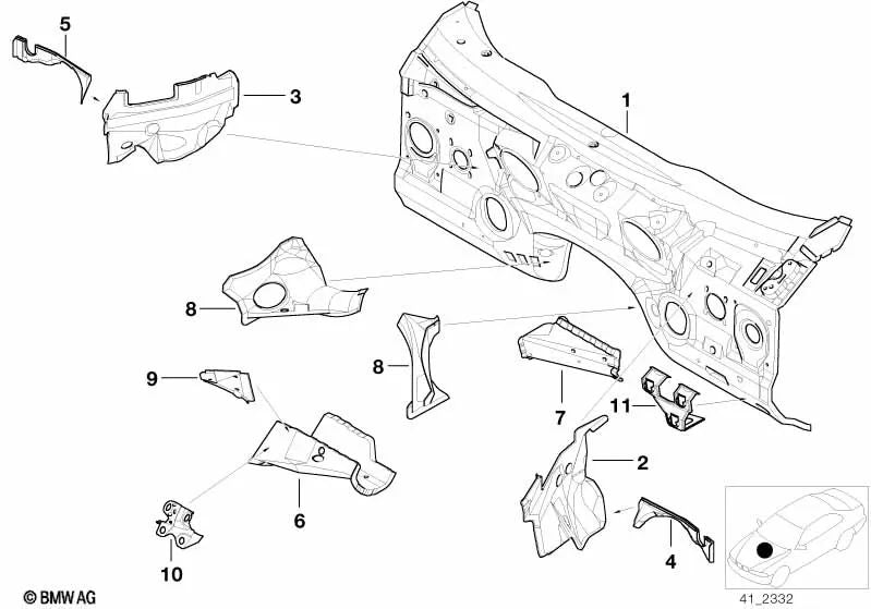 Soporte para pared de fuego izquierdo para BMW E39 (OEM 41118203433). Original BMW.