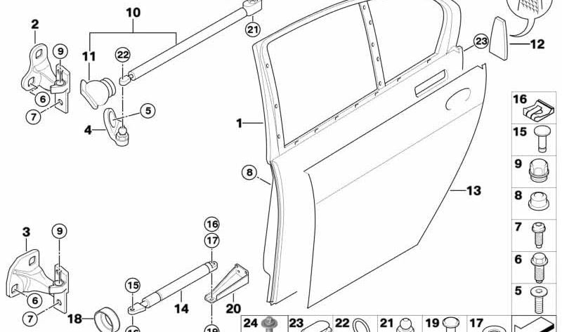 Bisagra de puerta inferior izquierda OEM 41517176861 para BMW E65, E66. Original BMW.