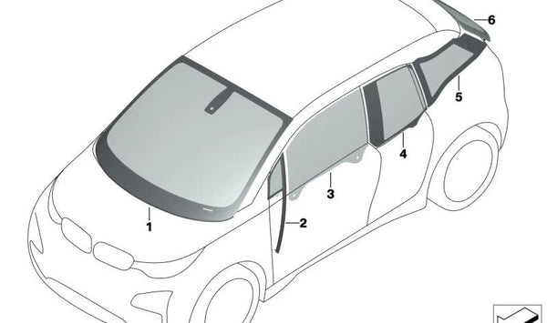 Cristal lateral fijo verde puerta delantera derecha para BMW I01, I01N (OEM 51357289042). Original BMW.