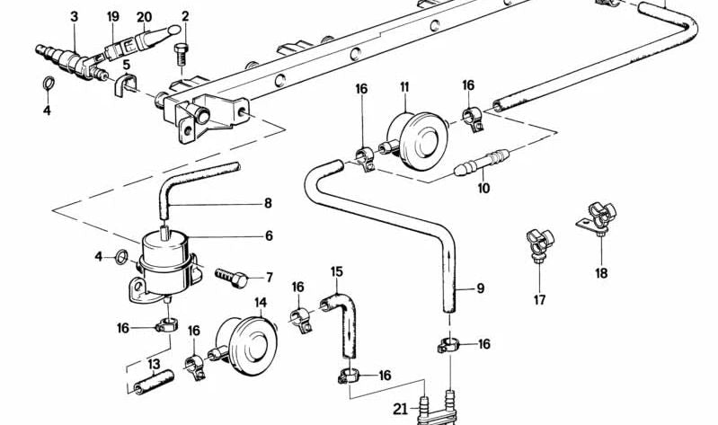 Soporte del conducto de combustible para BMW Serie 3 E30, E36, Serie 5 E28 (OEM 13311714455). Original BMW