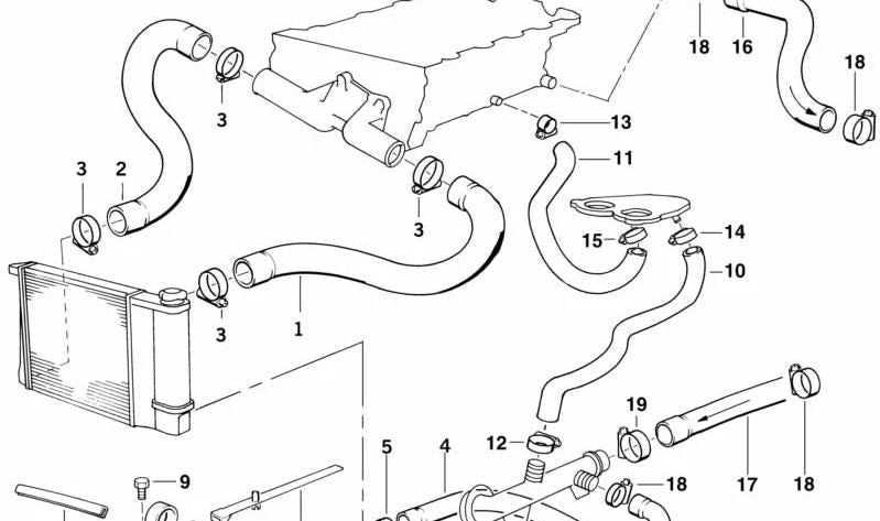 Manguera de agua para BMW Serie 3 E36 (OEM 11531739551). Original BMW.