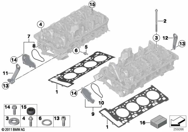 Junta de culata libre de asbestos para BMW Serie 5 F07, F10, F11, Serie 6 F06, F12, F13, Serie 7 F01, F02, F04, X5 E70, F15, X6 E71, F16 (OEM 11127567765). Original BMW