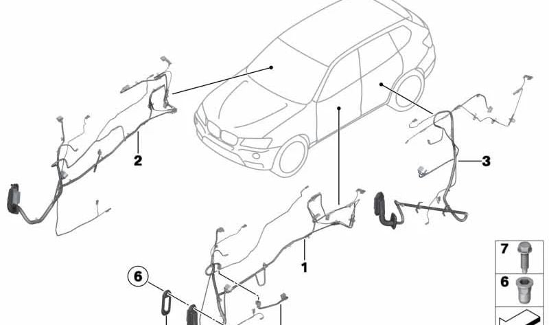 Passenger side door wiring OEM 61129379845 for BMW F25, F26. Original BMW.