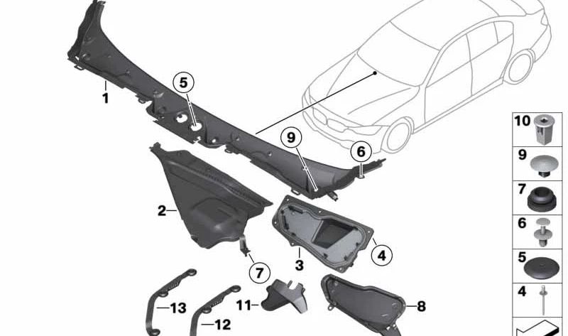 Rejilla de hojas izquierda para BMW Serie 3 F30, F31, F34, F35, Serie 4 F32, F33, F36 (OEM 51717402081). Original BMW