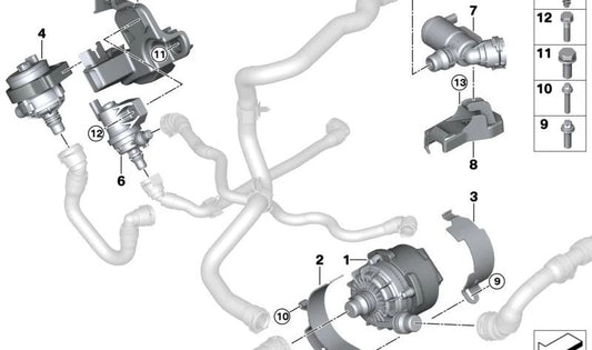 Additional coolant pump for BMW 3 Series G20N, G21N, 4 Series G22N, G23N, G26N, 5 Series G60, G61, G68, 7 Series G70, X1 U11, U12, X2 U10, X3 G45, X5 G05N, G18N, X6 G06N , X7 G07N, XM G09, MINI J01, J05, U25 (OEM 11515A020E0). Genuine BMW