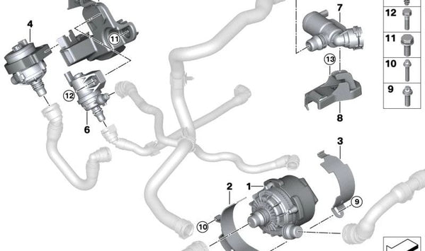 Bomba de refrigerante adicional para BMW Serie 3 G20N, G21N, Serie 4 G22N, G23N, G26N, Serie 5 G60, G61, G68, Serie 7 G70, X1 U11, U12, X2 U10, X3 G45, X5 G05N, G18N, X6 G06N, X7 G07N, XM G09, MINI J01, J05, U25 (OEM 11515A020E0). Original BMW