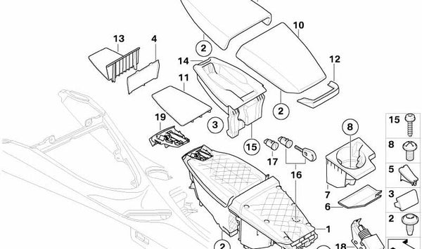 Soporte reposabrazos central OEM 51166951505 para BMW E63, E64. Original BMW.