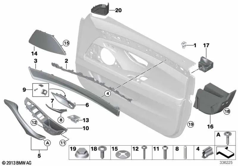 Left pull handle for BMW 5 Series F10, F11, F18 (OEM 51417225859). Genuine BMW.