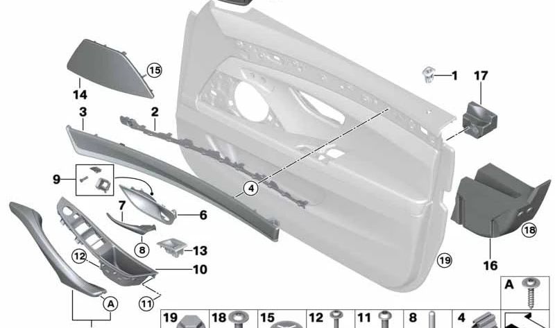 Embellecedor interior de puerta delantera derecha en acabado aluminio cepillado OEM 51417225546 para BMW Serie 5 (F10, F11). Original BMW.