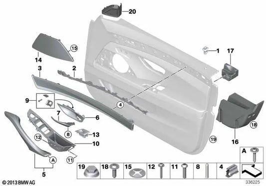 Embellecedor elevalunas izquierdo para BMW F10, F11, F18 (OEM 51417225895). Original BMW