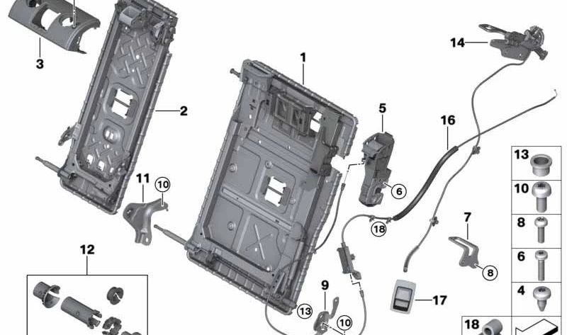 Right backrest frame for BMW X3 F97, G01, G08, X4 F98, G02 (OEM 52207399218). Original BMW.