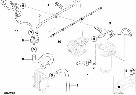 Sujetador de manguera para BMW E39 (OEM 12521737086). Original BMW