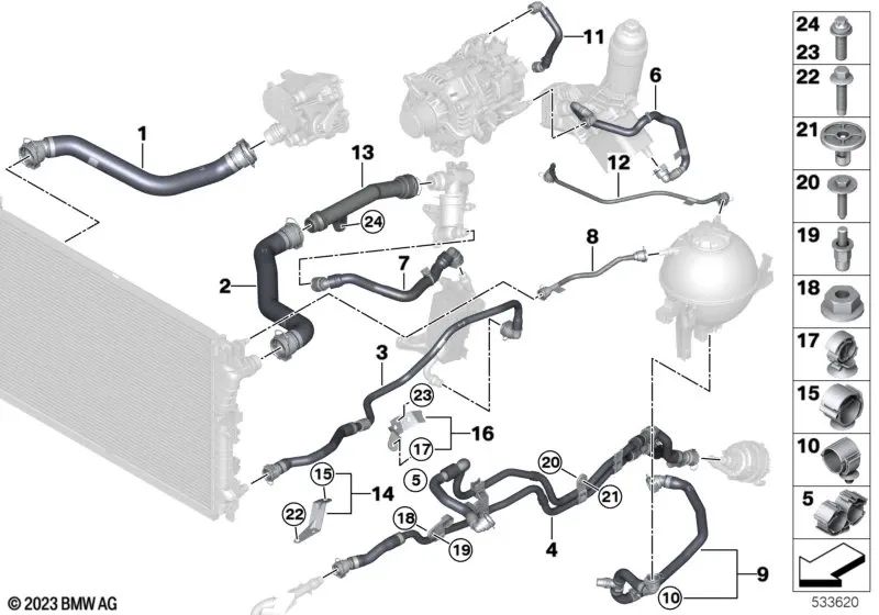 Soporte de la manguera de refrigerante para BMW Serie 5 G30, G31, G38 Serie 6 G32 Serie 7 G11, G12 Serie 8 G14, G15, G16 (OEM 17128619737). Original BMW.