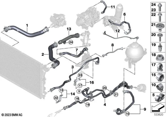 Soporte de la manguera de refrigerante para BMW Serie 5 G30, G31, G38 Serie 6 G32 Serie 7 G11, G12 Serie 8 G14, G15, G16 (OEM 17128619737). Original BMW.