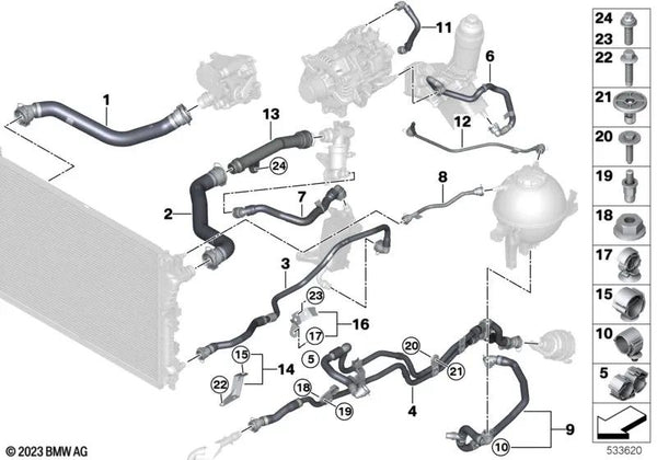 Soporte de la manguera de refrigerante para BMW Serie 5 G30, G31, G38 Serie 6 G32 Serie 7 G11, G12 Serie 8 G14, G15, G16 (OEM 17128619737). Original BMW.