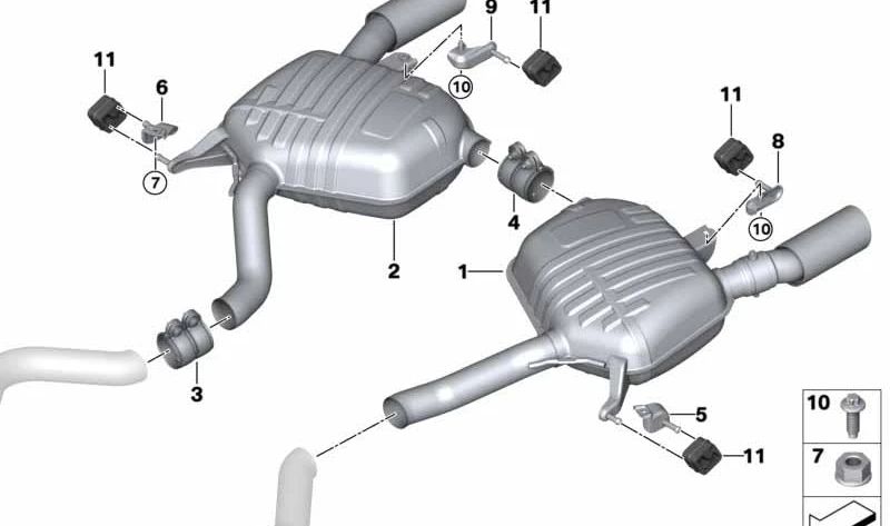 Soporte para silenciador trasero izquierdo OEM 18207805295 para BMW E90, E91. Original BMW.