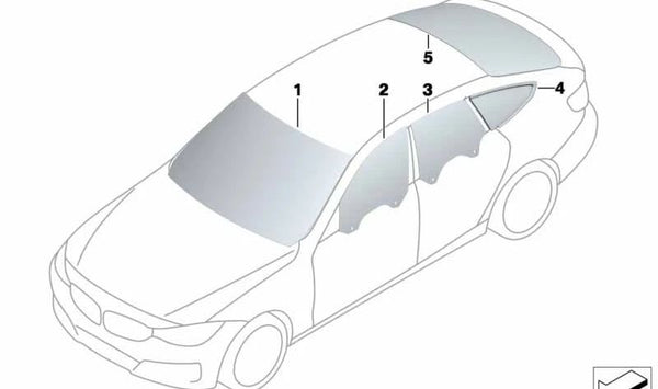 Cristal lateral fijo trasero izquierdo para BMW F36, F36N (OEM 51377412021). Original BMW