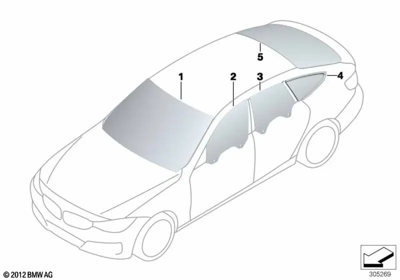 Rear left fixed side window for BMW F36 (OEM 51377412027). Original BMW.