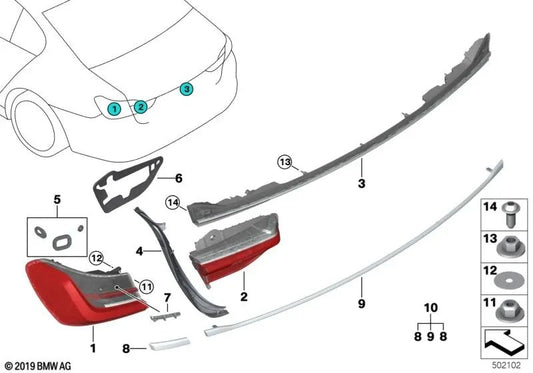 Junta de la luz trasera del portón trasero izquierda para BMW G11N, G12N (OEM 63219450365). Original BMW