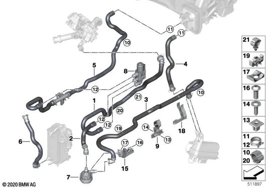 Manguera de refrigerante para BMW Serie 5 G30N, G31N, G38N, Serie 7 G11N, G12N (OEM 64219109727). Original BMW