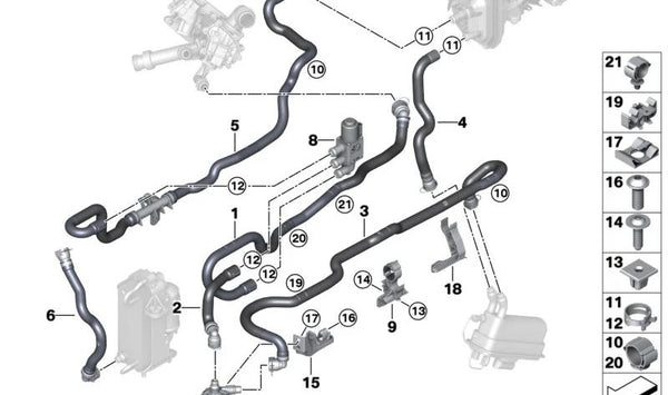 Manguera de refrigerante de avance OEM 64219496099 para BMW G30, G31, G38, G11, G12. Original BMW.