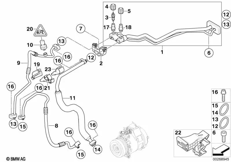 Compressor-Condenser pressure line for BMW E70, E71 (OEM 64536988882). Genuine BMW.