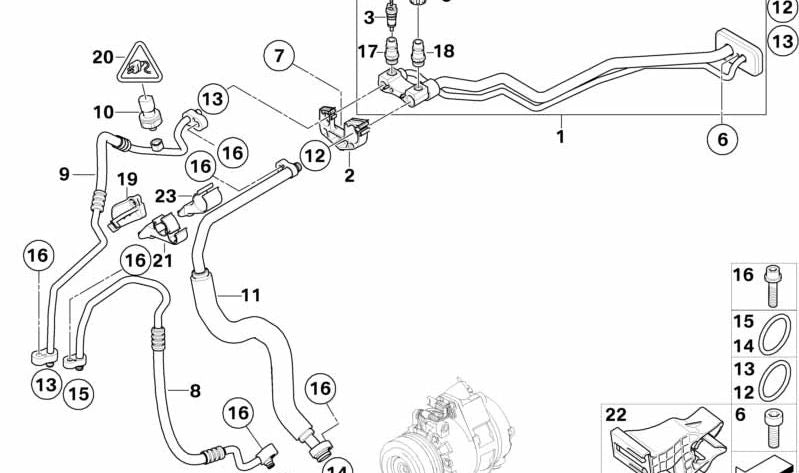 Tubería de presión Compresor-Condenser para BMW E71 (OEM 64509152961). Original BMW