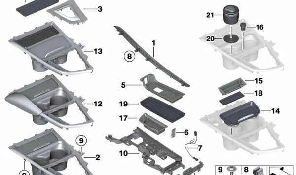 Cubierta de selector de marchas para BMW Serie 3 F30, F31, F34, Serie 4 F32, F33, F36 (OEM 51169234132). Original BMW