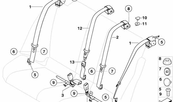 Cinturón de seguridad trasero central OEM 72119138234 para BMW E90 (Original BMW).