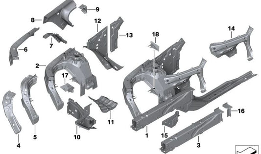 Soporte interior del paso de rueda izquierdo OEM 41007480999 para BMW {G01, G08, F97, G02, F98}. Original BMW.