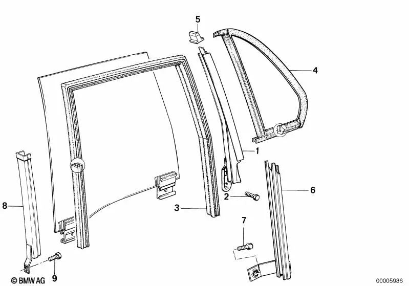 Junta de ventana trasera izquierda para BMW Serie 3 E30 (OEM 51341906747). Original BMW.