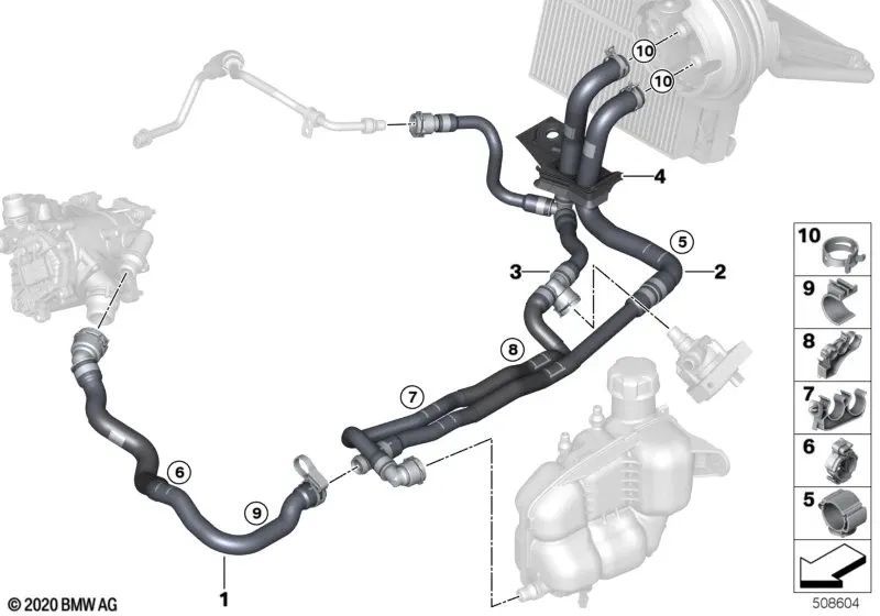 Manguera de refrigerante para BMW Serie 1 F40, F52, Serie 2 F44, F45N, F46, F46N, X1 F48, F48N, F49N, X2 F39, MINI F54, F54N, F55, F55N, F56, F56N, F57, F57N, F60, F60N (OEM 64216832803). Original BMW.