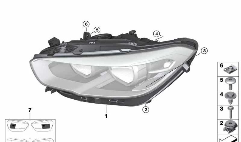 Faro delantero LED derecho con AHL OEM 63118492462 para BMW Serie 1 (F20, F21). Original BMW.