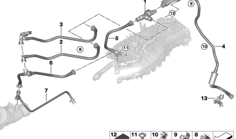 Tubería de ventilación del depósito OEM 13907645857 para BMW {F20, F21, F22, F23, F30, F31, F34, F35, G20, F32, F33, F36, G22, G26, G30, G31, G38, G32, G11, G12, G01, G08, G02}. Original BMW.