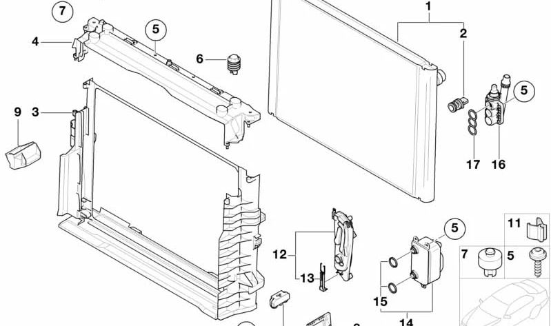 Water Radiator Support for BMW E81, E82, E87, E87N, E46, E90, E91, E92, E93, E60, E65, E66, E83, E83N, E53, E85, E86 (OEM 17117514402). Original BMW