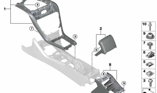 Soporte embellecedor consola central OEM 51168094358 para BMW F91, F92, F93. Original BMW.