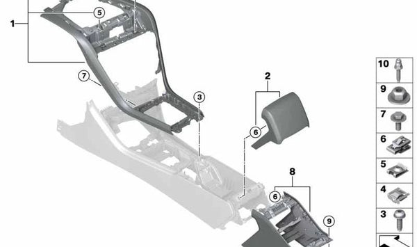 Embellecedor consola central trasera para BMW F91, F92, G14, G15 (OEM 51169865197). Original BMW.