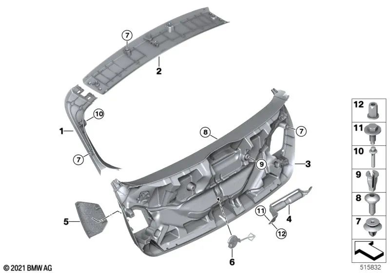 Right trunk lining for BMW F40 (OEM 51497456058). Genuine BMW