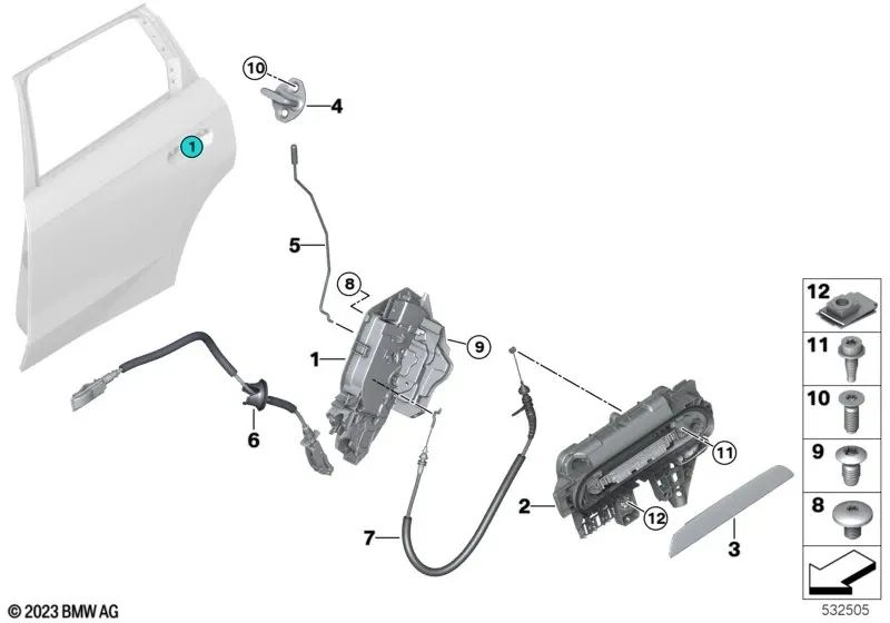 Cerradura de sistema trasera derecha para BMW Serie 1 F40, Serie 2 F44 U06, Serie 3 G20 G20N G28 G28N, X1 U12 (OEM 51227956144). Original BMW