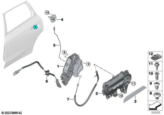 Systemschloss hinten rechts für BMW 1er F40, 2er F44 U06, 3er G20 G20N G28 G28N, X1 U12 (OEM 51227956144). Original BMW