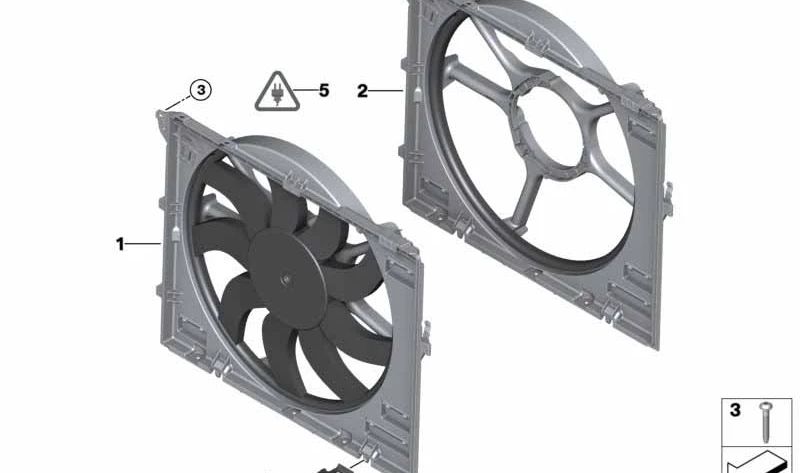 Carcasa de ventilador con ventilador OEM 17112283621 para BMW E90, E91, E92, E93. Original BMW.